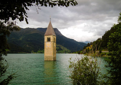 Scenic view of lake by building against sky