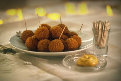 Close-up of cookies in plate on table