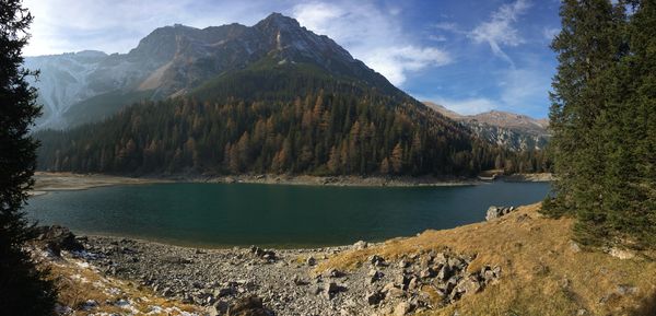 Scenic view of lake and mountains against sky