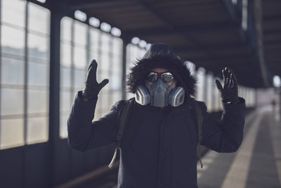 Portrait of person with mask keep distance after corona virus epidemic in berlin march 2020
