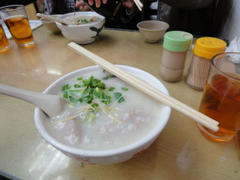 High angle view of food served on table