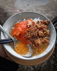 High angle view of breakfast in bowl on table