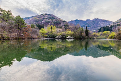 Scenic view of lake and mountains against sky