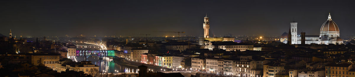 Panoramic view of illuminated buildings in city at night