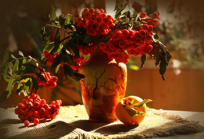 Close-up of red berries on table