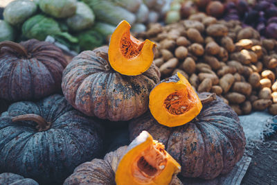 Close-up of pumpkins for sale at market