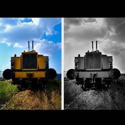 Train on field against cloudy sky