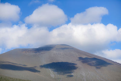 Low angle view of volcanic mountain against sky and clouds. mt. asama