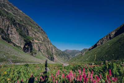Scenic view of mountains against clear blue sky