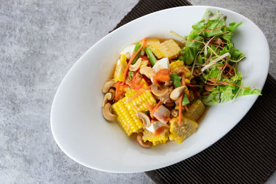 High angle view of food served in plate