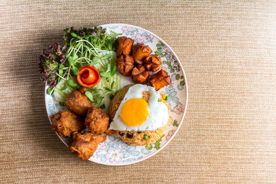 High angle view of breakfast served on table