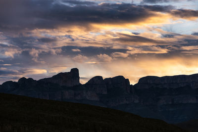 Scenic view of mountains against sky during sunset