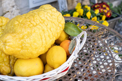 High angle view of citrus fruits like lemons and lime 