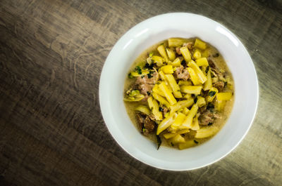 High angle view of food in bowl on table