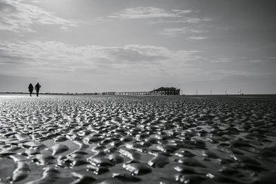 People standing on pebbles on field against sky