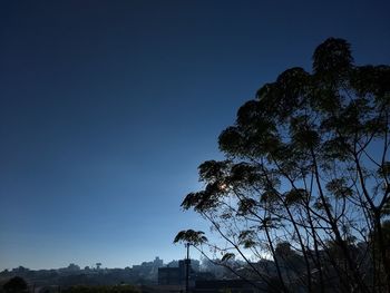 Low angle view of silhouette trees against clear blue sky