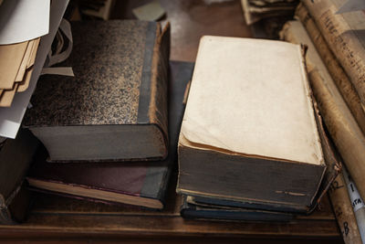 High angle view of books on table