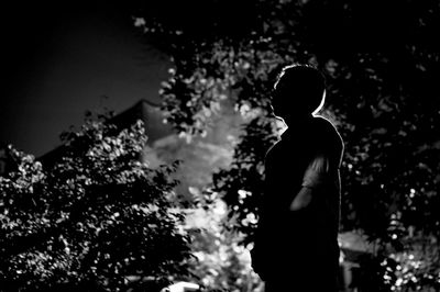 Rear view of silhouette man standing by tree