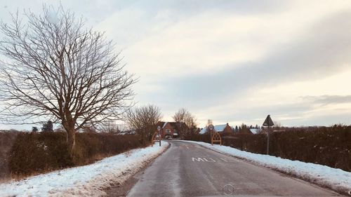 Road amidst bare trees against sky