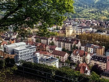 High angle view of buildings in city