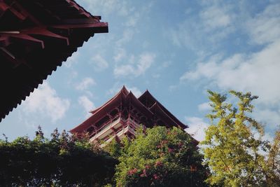 Low angle view of pagoda against sky