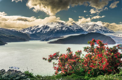 Scenic view of snowcapped mountains against sky