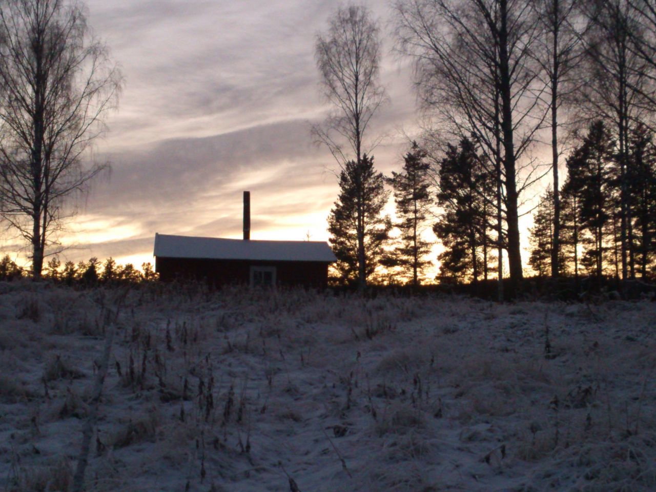 snow, winter, cold temperature, bare tree, sunset, architecture, built structure, building exterior, sky, house, season, tree, weather, landscape, field, cloud - sky, covering, tranquil scene, nature, tranquility