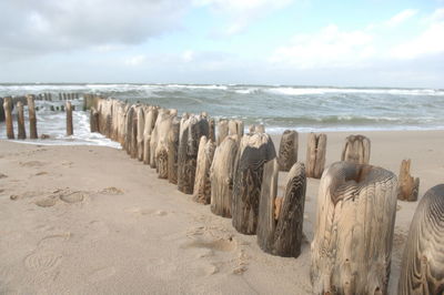 Wooden posts on beach against sky