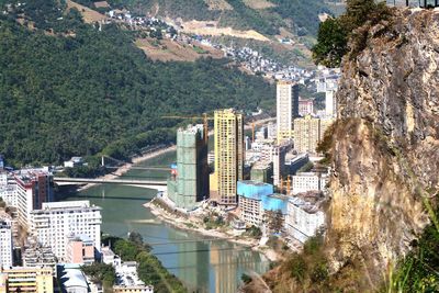 High angle view of buildings and trees in city