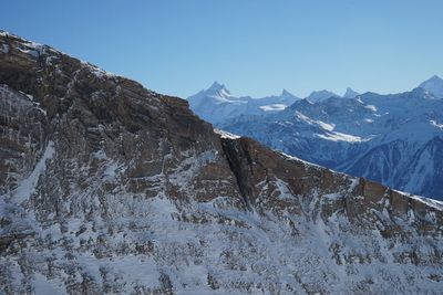 Low angle view of mountains against clear blue sky