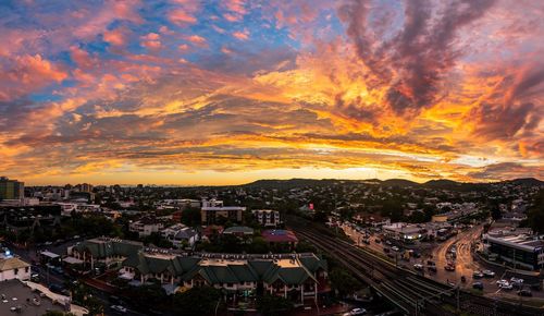 High angle view of townscape against sky at sunset