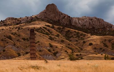 Low angle view of rock formations against sky