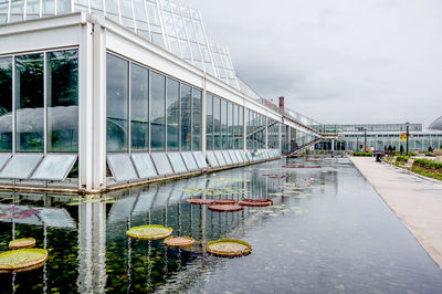 Modern building by pond against sky