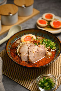 High angle view of meal served on table