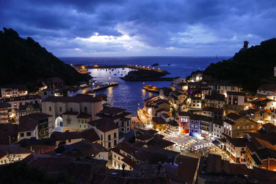 High angle view of townscape by sea against sky