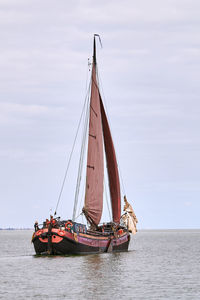 Sailboat sailing on sea against sky