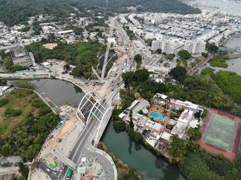 High angle view of city buildings