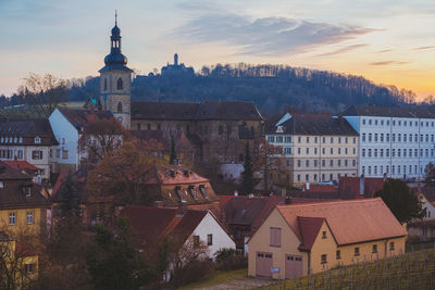 High angle view of townscape against sky during sunset