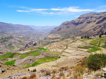 Scenic view of landscape and mountains against sky