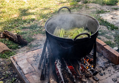 Romanian traditional food prepared at the cauldron on the open fire