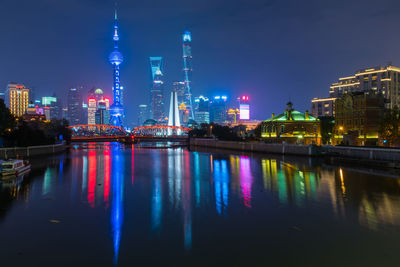 View of city lit up at night