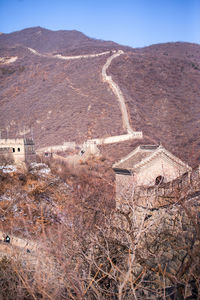 High angle view of buildings in city, the great wall of china