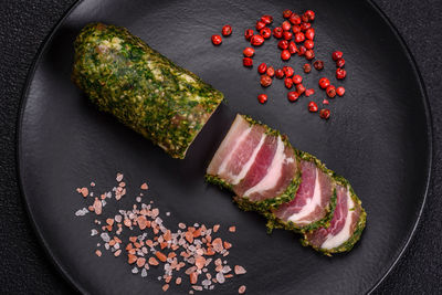 High angle view of food in plate on table