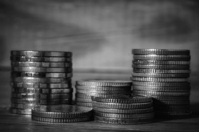 Close-up of coins on table