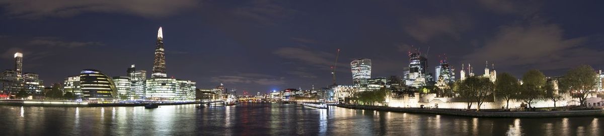 Panoramic view of illuminated buildings in city at night
