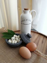 Close-up of eggs in plate on table