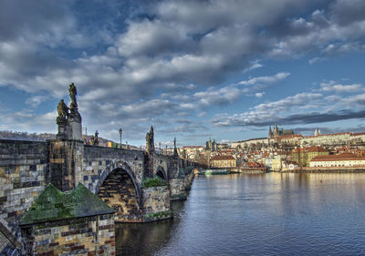 View of cityscape against cloudy sky