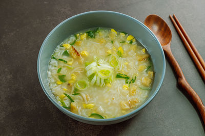 High angle view of soup in bowl