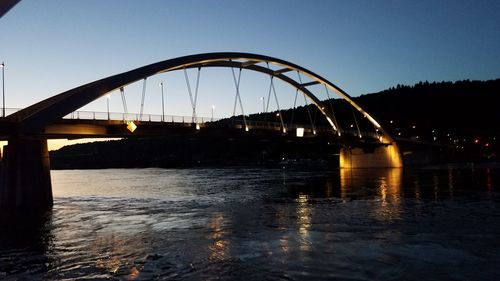 Bridge over river against clear sky at night