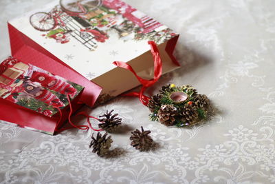 High angle view of christmas decorations on table
